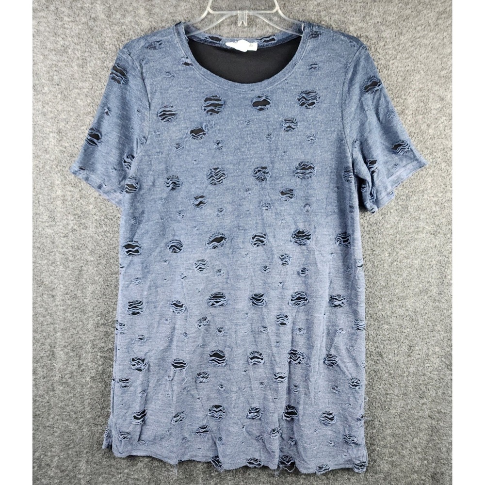 Love Riche Shirt Dress Womens Medium Blue Distressed Layered Short Sleeve EUC